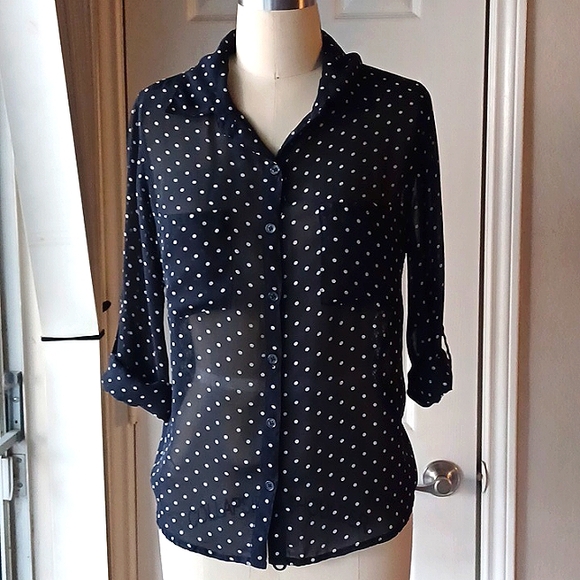 Black and White Polka Dot Sheer Chiffon Lace Back Button Down - Picture 4 of 6